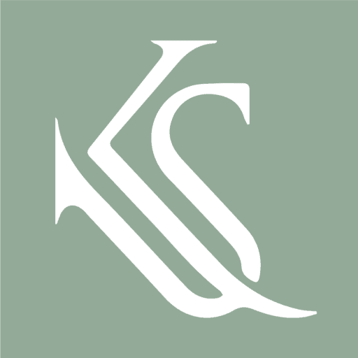 White letters, a K and an S, curl around each other like loose ribbon. They rest on a soft green background that feels calm and quiet.